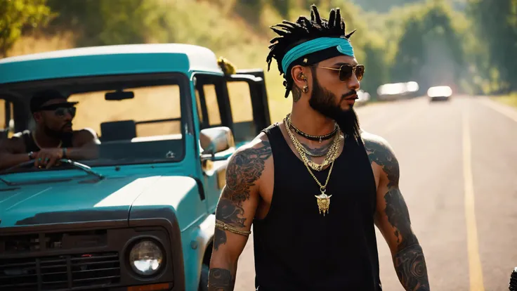 smile, shirt, black hair, jewelry, upper body, male focus, outdoors, multiple boys, dark skin, 2boys, necklace, blurry, bracelet, tattoo, muscular, headband, facial hair, sunglasses, dark-skinned male, tank top, ground vehicle, motor vehicle, beard, car, a...