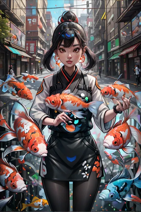 <lora:fishoutofwater:0.3> woman in augmented street, augmented reality overlays, ar advertisements, real-time data streams, sensory-enhanced experiences, koi-fish, masterpiece, 8k, high resolution, shallow depth of field, sharp focus