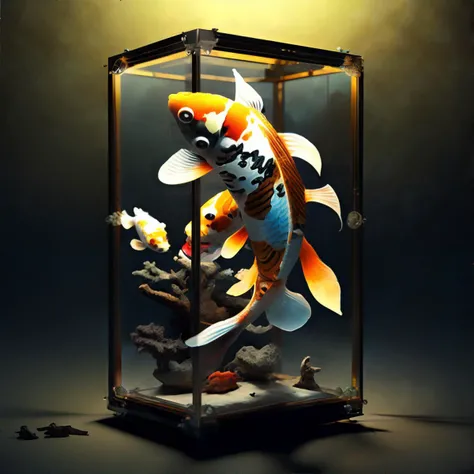 <lora:fishoutofwater:0.3> knollingcase, glass display case, volumetric lighting, koi-fish, masterpiece, 8k, high resolution, shallow depth of field, sharp focus