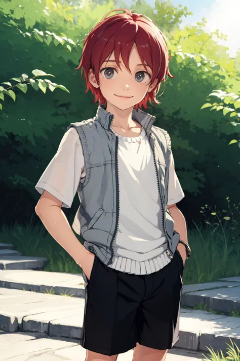 masterpiece, best quality, 1boy,little boy,child,male child,smile,red hair,outdoors,white vest,short shorts,closed mouth, hands in pockets,