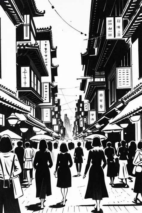 <lora:carlosgimenez:0.9> gimenez black and white drawing of busy street in chinatown, lineart