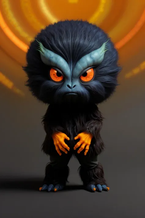 a black monster with orange eyes and orange eyes standing in front of a yellow light