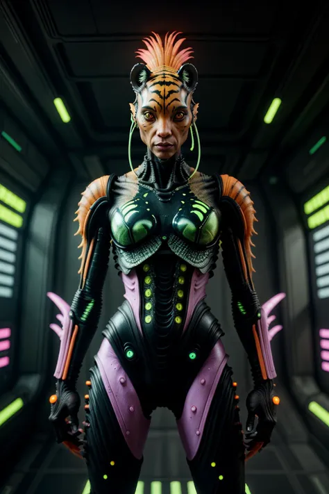 a close up of a woman in a futuristic suit with neon lights