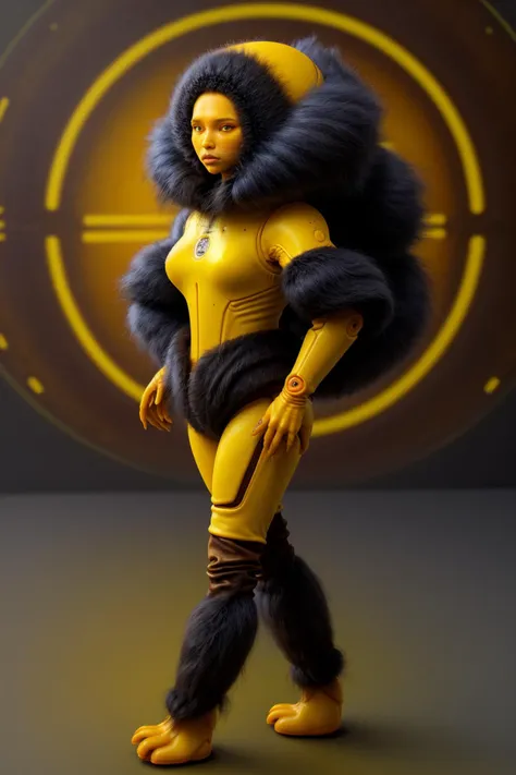 a close up of a woman in a yellow outfit with a fur coat