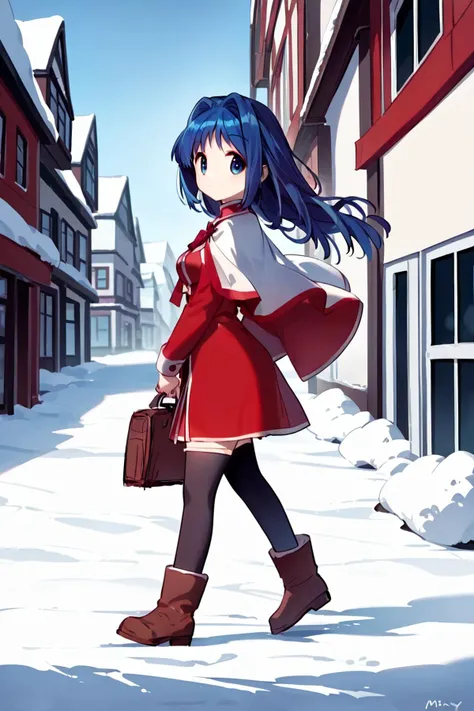 anime girl walking in the snow with a suitcase and a suitcase