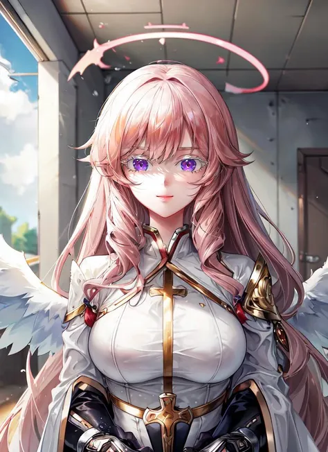 a woman with pink hair and angel wings is standing in a room