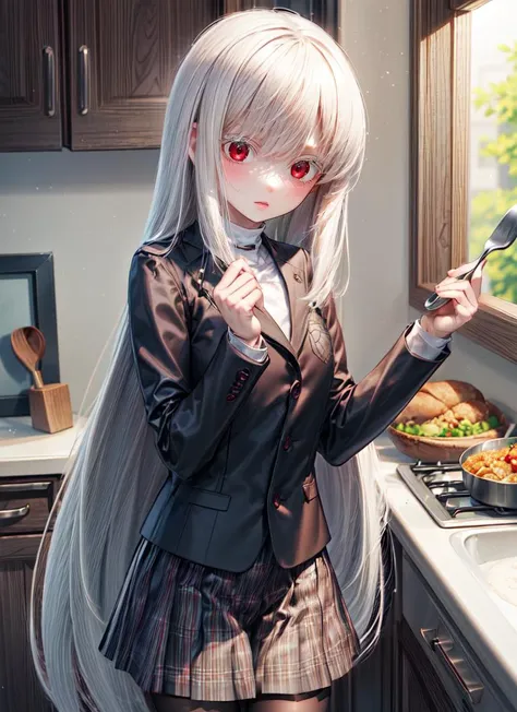 anime girl in a kitchen with a spoon and a pan