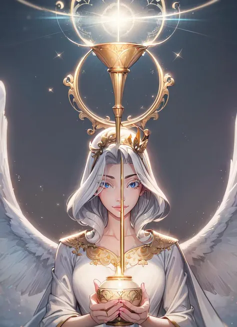 an angel holding a golden cup with a light shining on it