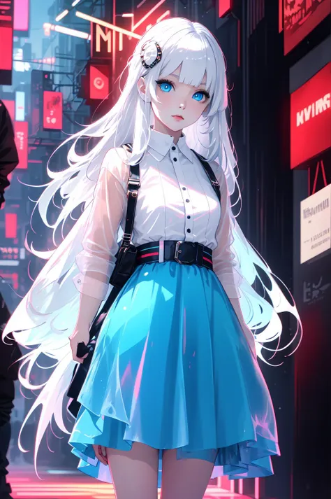 anime girl in a blue skirt and white shirt standing in a city