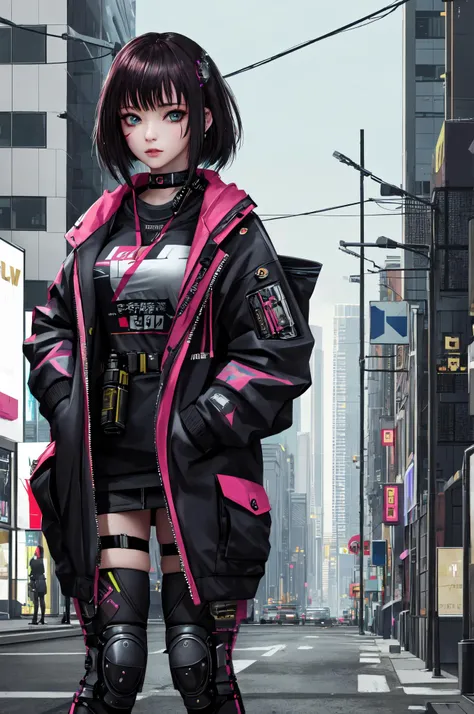 a woman in a black and pink outfit standing on a city street