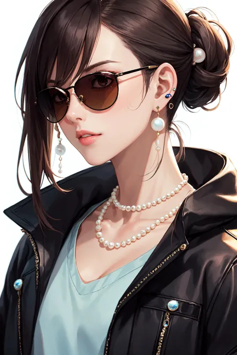 a woman with sunglasses and pearls is wearing a jacket