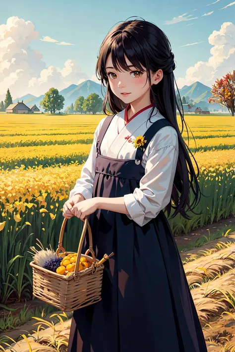 anime girl with basket of fruit in field of flowers