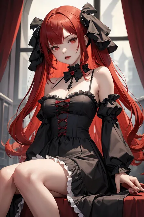 (masterpiece, best quality), 1girl, red hair, medium chest, gothic frill dress, pervert face,
