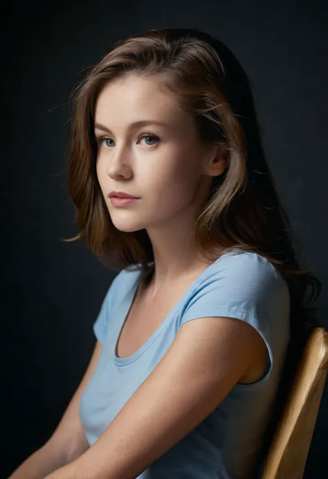 cinematic film still <lora:EmilyBloom_SDXL_v1.0:1> In a dimly lit studio, the ohwx woman sits facing three-quarter profile in a simple wooden chair. A single spotlight frames her face, accentuating elegant features and eyes that meet the cameras gaze with ...