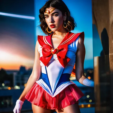 A vibrant photograph of Dua Lipa dressed as sailor moon, sailor senshi uniform, (red bow), wide-angle lens,wide shot, full body, legs, waist,  ((looking at viewer)), (looking into the camera), front view, detailed face, freckles,amber eyes,  hyper realisti...