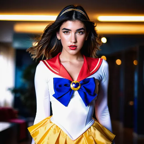 A vibrant photograph of Dua Lipa dressed as sailor moon, sailor senshi uniform, wide-angle lens,wide shot, full body, legs, waist,  ((looking at viewer)), (looking into the camera), front view, detailed face, freckles,amber eyes,  hyper realistic,  natural...