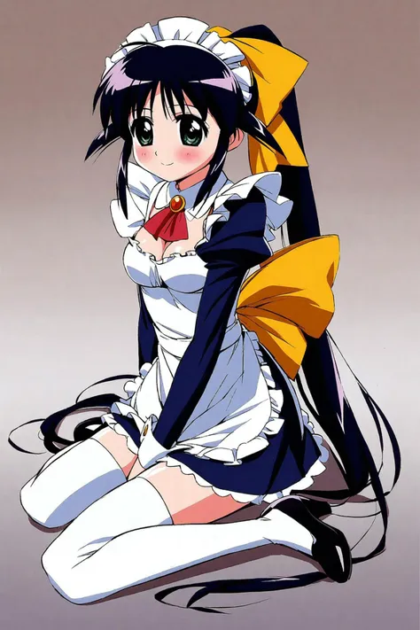 a woman in a maid outfit sitting on the ground