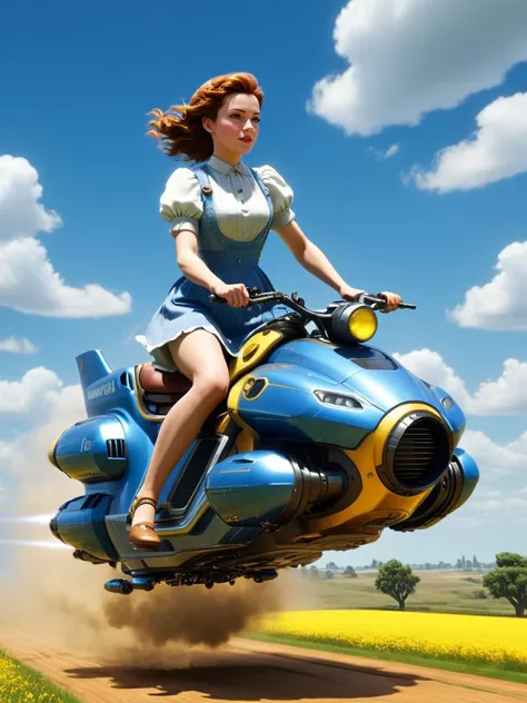 masterpiece,
along the yellow brick road on the way to Oz, Dorothy runs away riding a hoverbike, <lora:Hover_Bike:1> hover_bike,
<lora:xl_more_art-full_v1:0.5>, 3D render, ((hyper realism)), sharp focus, cinematic lighting, photo realistic, hyper realistic...