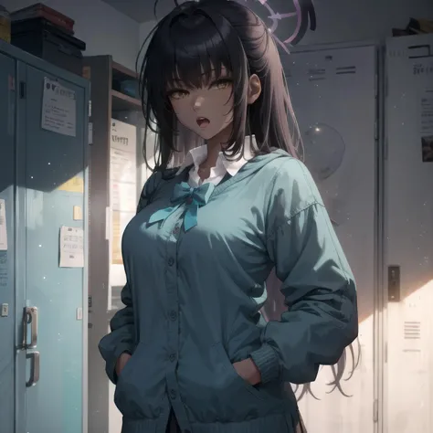 extremely detailed CG, high resolution, best quality, masterpiece, backlighting,  bangs, blurry, cowboy shot, floating hair, hand on hip, hands in pockets, light particles, looking at viewer, open mouth,  solo, standing,  karincasual locker room  <lora:loc...