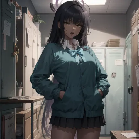 extremely detailed CG, high resolution, best quality, masterpiece, backlighting,  bangs, blurry, cowboy shot, floating hair, hand on hip, hands in pockets, light particles, looking at viewer, open mouth,  solo, standing,  karincasual locker room  <lora:loc...