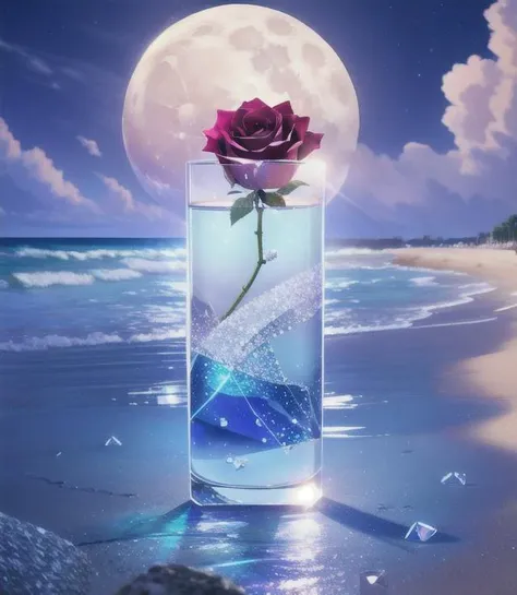 waning moon. flowers roses, stones transparent and diamond crystal in water, on the beach, fantasy, smoke , photo, HD, 8K ,