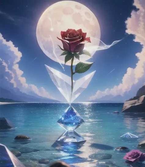 waning moon. flowers roses, stones transparent and diamond crystal in water, on the beach, fantasy, smoke , photo, HD, 8K ,