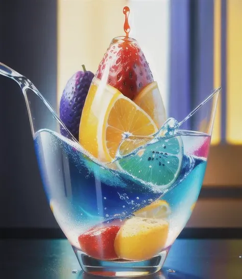 abstract, photorealistic, Food fruit LIQUID SPLASH, 3D BEEPLE STYLE, 8 k, 32 k, HDR, realistic,