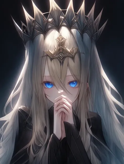 the queen of assassins, beautiful elegant portrait, 1girl, solo, jewelry, long hair, crown, earrings, looking at viewer, blonde ...