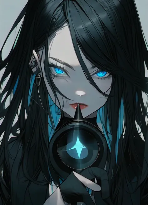 re-l from ergo proxy, black hair, pale skin, blue eys, blue eye shadow, gothic cyberpunk, looking straight, looking at camera, a...