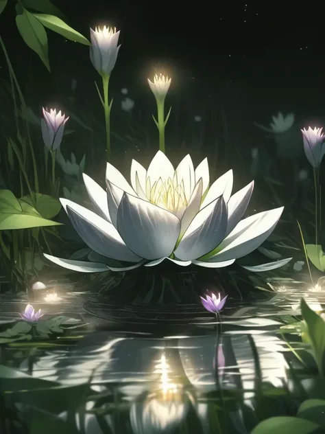 glowing and floating black lotus flower surrounded by golden white red light fireworks fantasy setting, forget me not flowers, v...