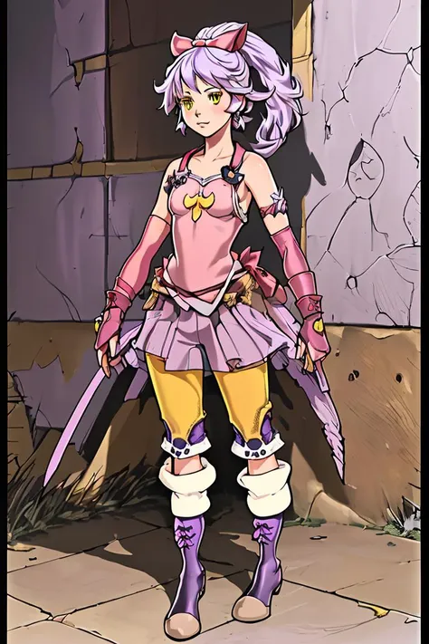 a cartoon picture of a woman with a sword and a pink outfit