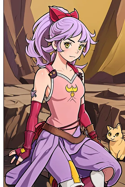 anime girl with purple hair and a cat sitting on a rock