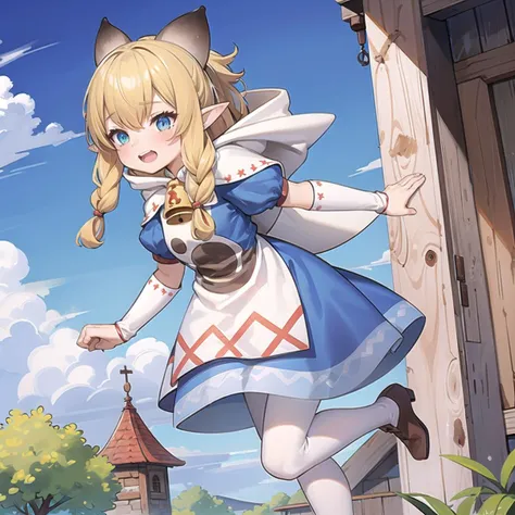 running away, 
1girl, solo, <lora:meowstress:1> meowstress, twin braids, blue dress, capelet, apron, paw print, bell, hood, puffy short sleeves, shoulder bag, white pantyhose, boots