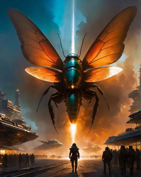 a man standing in front of a giant insect with a light beam