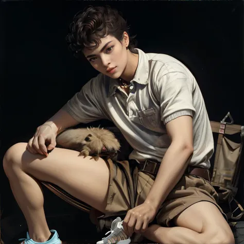 <lora:more_details:0.6>, <lora:caravaggio:0.5>, CARAVAGGIO, oil painting, man wearing Striped polo shirt, cargo shorts, Converse Weapon sneakers || masterpiece, perfect quality, sharp focus, shallow depth of field, 8k