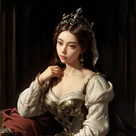 <lora:more_details:0.6>, <lora:caravaggio:0.5>, CARAVAGGIO, oil painting, woman wearing Medieval queen dress with an ornate crown and regal embroidery || masterpiece, perfect quality, sharp focus, shallow depth of field, 8k