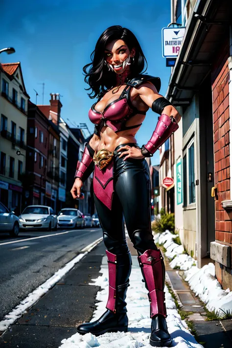 Mileena, black hair, yellow eyes, wide mouth, sharp teeth, extra teeth, exposed cheek, pink top, navel, cleavage,o-ring,leather armor, tight black pants,pelvic curtain, sash,boots, looking at viewer, smiling, standing, full body shot, outside, city, street...