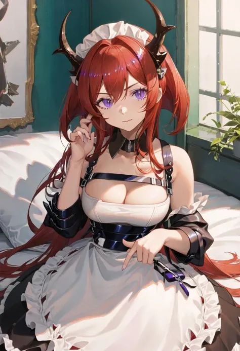 best quality, masterpiece, highres, solo, {surtr_arknights:0.90}, {maid:1.40}, {long maid dress:1.15}