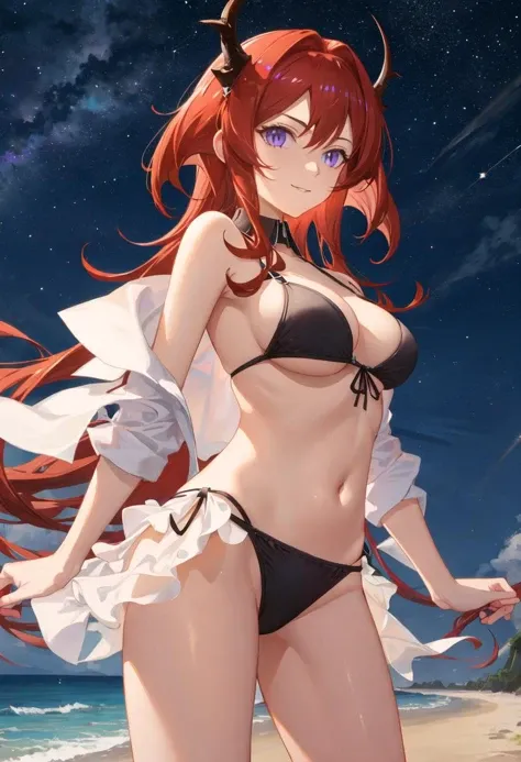 best quality, masterpiece, highres, solo, {surtr_arknights:0.90}, {night:1.10}, {starry sky:1.10}, beach, beautiful detailed sky, {extremely detailed background:1.20}, {standing:1.10}, looking at viewer, {bikini:1.30}, light smile