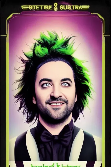 tarot card, 80s movie poster, alex brightman as beetlejuice, male_focus ,wild neon green hair , trending on artstation,  rim lig...