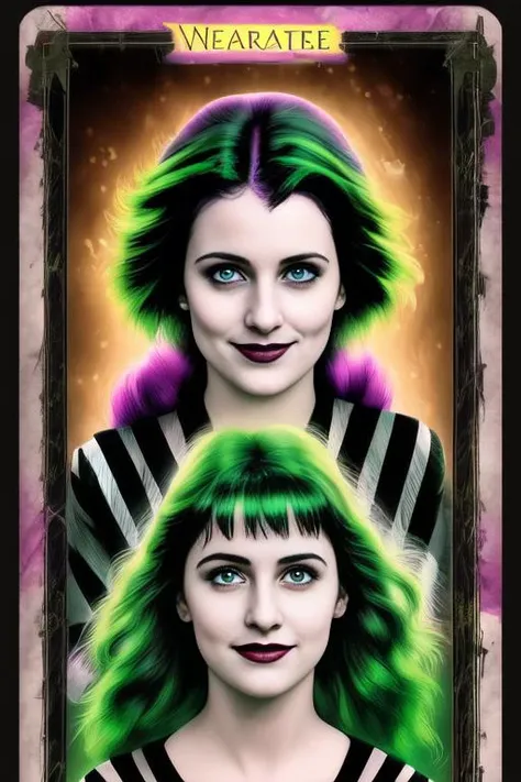 1girl, portrait, tarot card, 80s movie poster, lydia  deetz, elizabeth teeter in beetlejuice,wild neon green hair , trending on ...