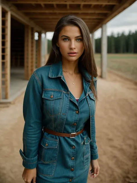 a close up of a woman in a blue dress standing in a barn