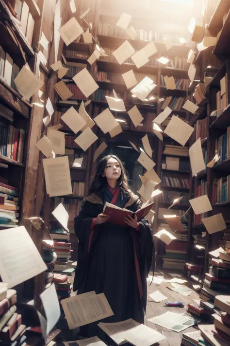 1girl, close-up, from below, in a magical ancient library, magical books floating, magical books flying around, wearing mage robe, book stacks around, 
 <lora:libbg_v16:0.4> lib_bg, <lora:Concept - Paper Explosion:0.8> a lot of books flying in the air, a l...