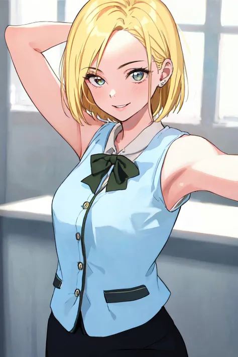 <lora:office uniform:1>office uniform, office, blonde short hair,  cowboy shot, armpit,
<lora:kyouhakoredeiiya-v1:0.5>  
(best quality, masterpiece, RAW photo,ultra-detailed:1.2), <lyco:GoodHands-beta2:1.0>,1girl,solo,looking at viewer,smile