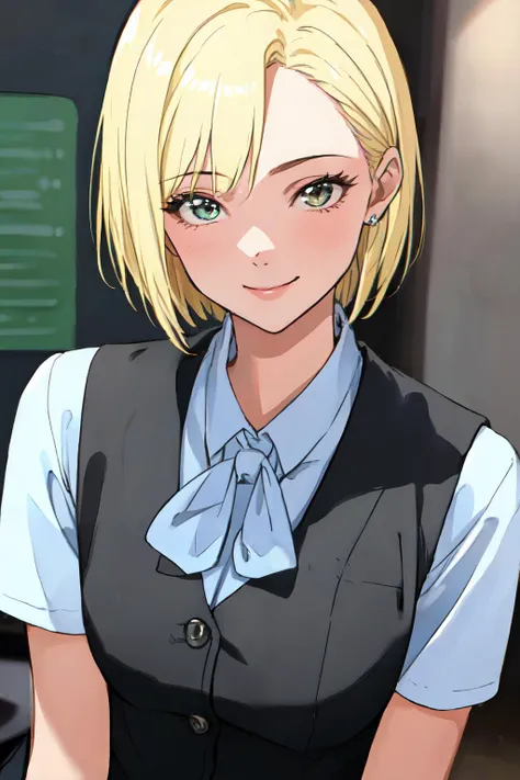 <lora:office uniform:1>office uniform, office, sleevelss, blonde short hair,
<lora:kyouhakoredeiiya-v1:0.5>  
(best quality, masterpiece, RAW photo,ultra-detailed:1.2), <lyco:GoodHands-beta2:1.0>,1girl,solo,looking at viewer,smile