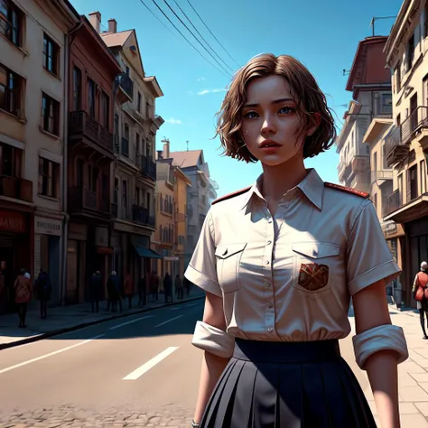 Masterpiece, beautiful 20yo student girl walking in retrofuturistic paradise ciyty , crowd of people, short brown hair, blue eyes, black skirt school uniform, white shirt, red scout tie, (white shining background:1), highly detailed,sovietpunkai<lora:Sovie...