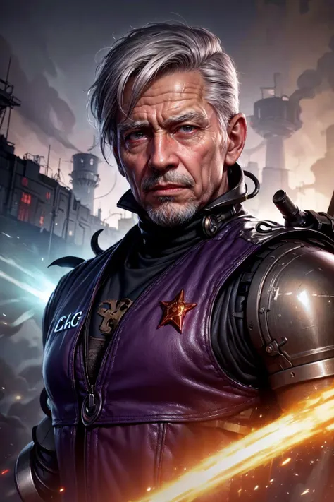 a man in a purple jacket holding a sword and a star