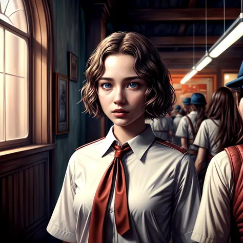 Masterpiece, beautiful 20yo student girl walking in retrofuturistic paradise ciyty , crowd of people, short brown hair, blue eyes, black skirt school uniform, white shirt, red scout tie, (white shining background:1), highly detailed,sovietpunkai<lora:Sovie...