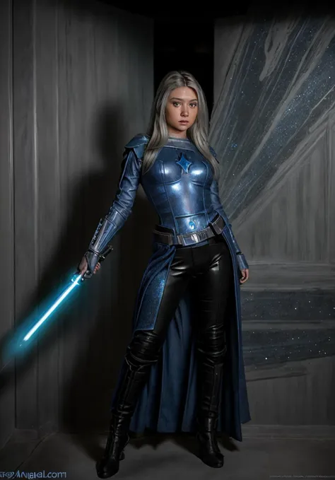 a woman in a blue costume holding a light saber