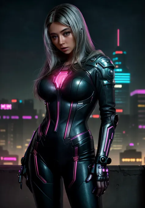 a woman in a futuristic suit standing in front of a city